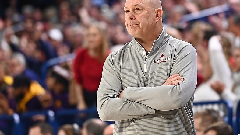 Feb 2, 2023; Spokane, Washington, USA; Santa Clara Broncos head coach Herb Sendek looks on against the Gonzaga Bulldogs in the first half at McCarthey Athletic Center. Mandatory Credit: James Snook-USA TODAY Sports
