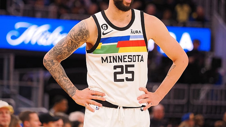 Feb 26, 2023; San Francisco, California, USA; Minnesota Timberwolves guard Austin Rivers (25) between plays against the Golden State Warriors during the fourth quarter at Chase Center. Mandatory Credit: Kelley L Cox-USA TODAY Sports