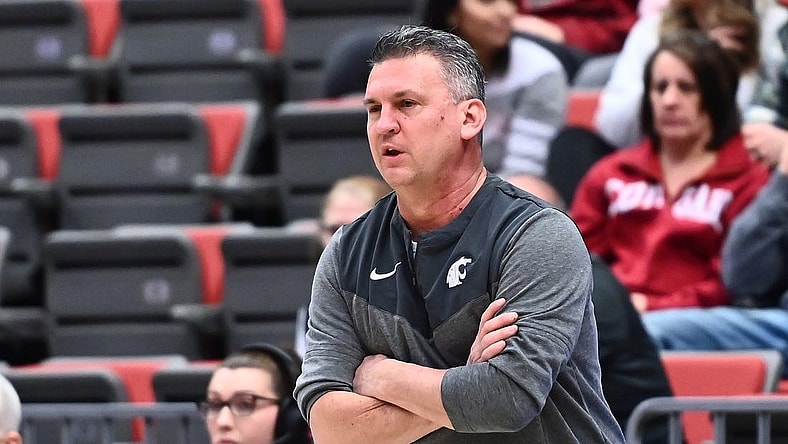 Feb 16, 2023; Pullman, Washington, USA; Washington State Cougars head coach Kyle Smith looks on against the Oregon State Beavers in the first half at Friel Court at Beasley Coliseum. Mandatory Credit: James Snook-USA TODAY Sports