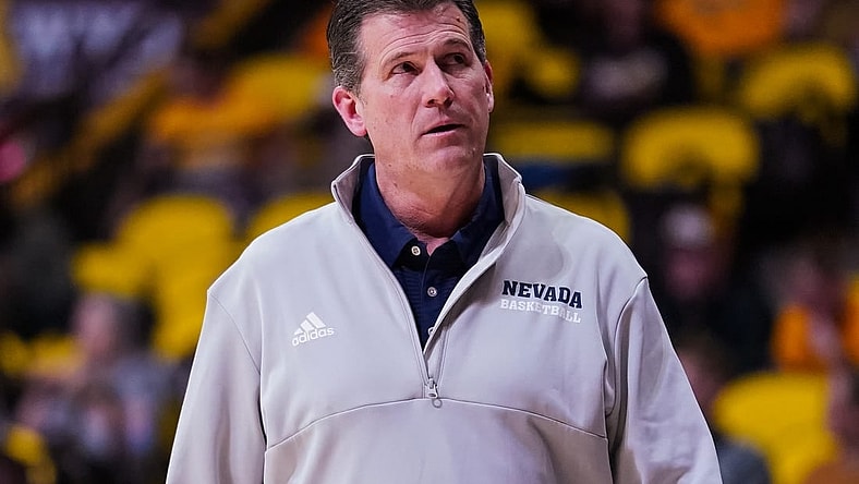 Feb 27, 2023; Laramie, Wyoming, USA; Nevada Wolf Pack head coach Steve Alford reacts against the Wyoming Cowboys during the second half at Arena-Auditorium. Mandatory Credit: Troy Babbitt-USA TODAY Sports