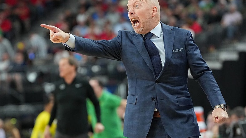 Mar 10, 2023; Las Vegas, NV, USA; UCLA Bruins head coach Mick Cronin shouts after a player committed a foul against the Oregon Ducks during the second half at T-Mobile Arena. Mandatory Credit: Stephen R. Sylvanie-USA TODAY Sports