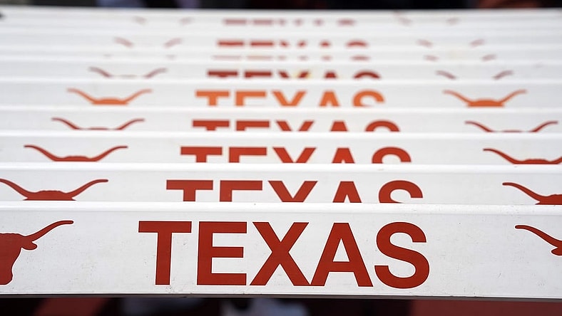 Apr 1, 2023; Austin, TX, USA; Hurdles with Texas Longhorns logos at the 95th Clyde Littlefield Texas Relays at Mike A. Myers Stadium. Mandatory Credit: Kirby Lee-USA TODAY Sports