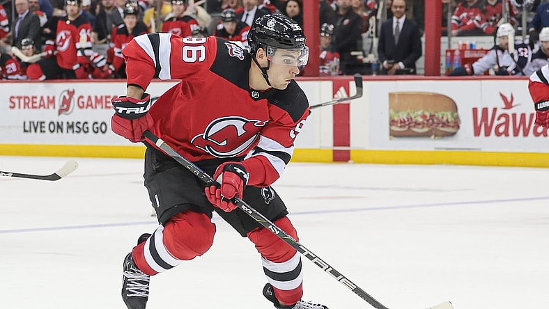 Apr 6, 2023; Newark, New Jersey, USA; New Jersey Devils right wing Timo Meier (96) skates with the puck during the third period against the Columbus Blue Jackets at Prudential Center. Mandatory Credit: Vincent Carchietta-USA TODAY Sports