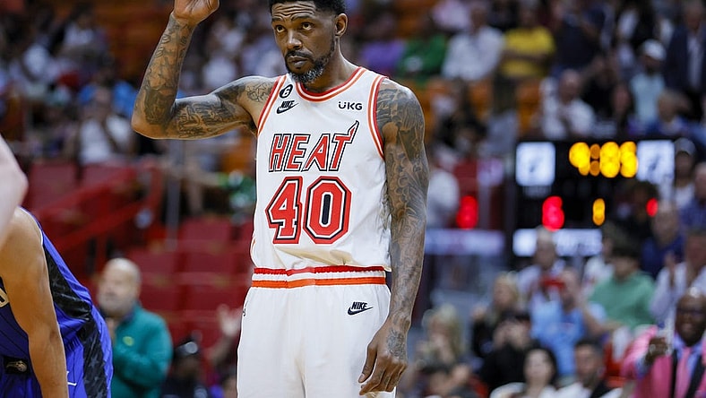 Apr 9, 2023; Miami, Florida, USA; Miami Heat forward Udonis Haslem (40) reacts after entering the game during the first quarter against the Orlando Magic at Kaseya Center. Mandatory Credit: Sam Navarro-USA TODAY Sports