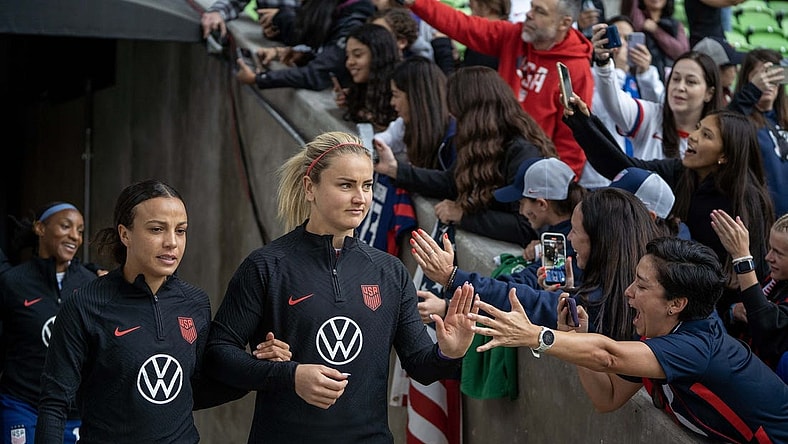 Apr 8, 2023; Austin, Texas, USA; U.S. Women's National Team forward Mallory Swanson (9) and midfielder Linsey Horan (10) enter the field in a match against the Republic of Ireland Women's National Team at Q2 Stadium. Mandatory Credit: Dustin Safranek-USA TODAY Sports