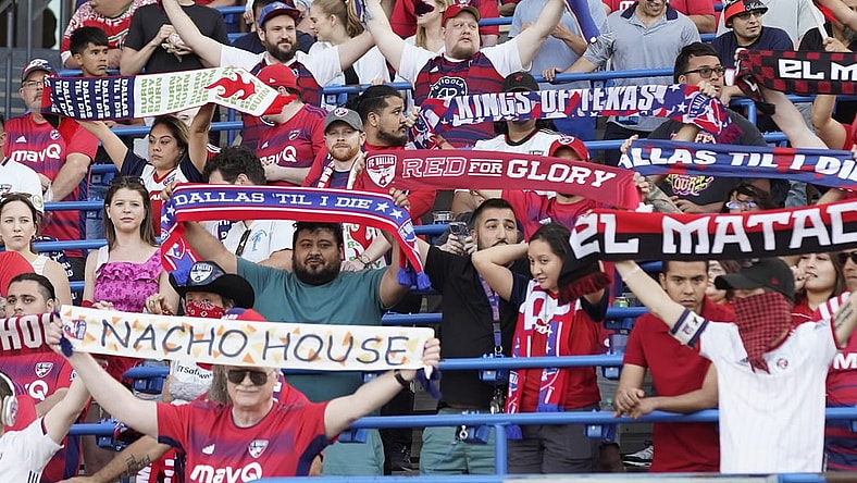 Apr 15, 2023; Frisco, Texas, USA; FC Dallas fans are seen supporting the team at Toyota Stadium. Mandatory Credit: Raymond Carlin III-USA TODAY Sports