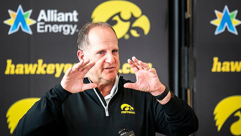 Iowa defensive coordinator Phil Parker speaks with reporters at a spring football news conference, Thursday, April 20, 2023, at the Hansen Football Performance Center in Iowa City, Iowa.

230420 Phil Parker 008 Jpg