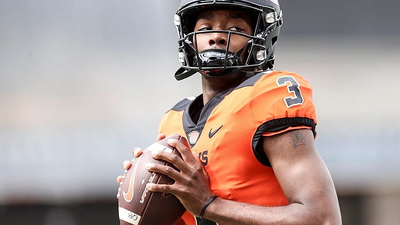Oregon State quarterback Aidan Chiles (3) warms up before the spring showcase at Reser Stadium, Saturday, April 22, 2023, in Corvallis, Ore.

Oregon State Spring Game224