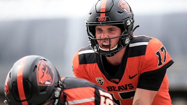Oregon State quarterback Ben Gulbranson (17) warms up before the spring showcase at Reser Stadium, Saturday, April 22, 2023, in Corvallis, Ore.

Oregon State Spring Game36