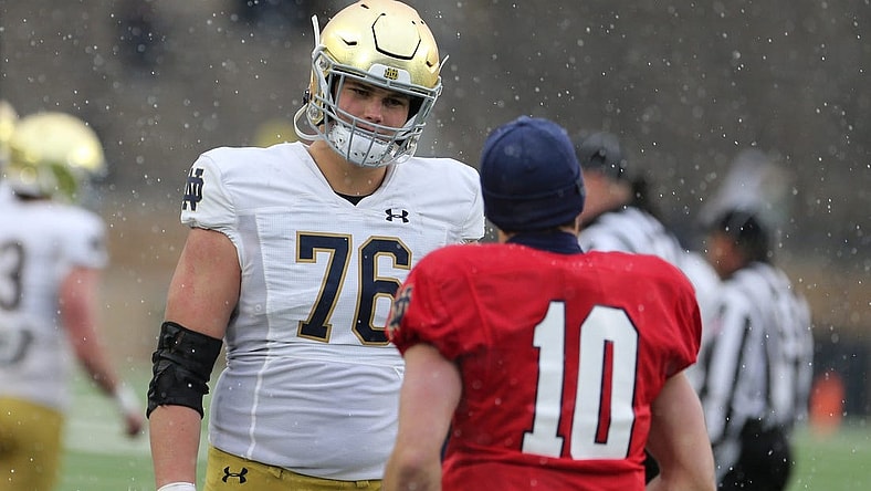 Notre Dame All-American left tackle Joe Alt, like Fighting Irish quarterback Sam Hartman (10), decided to skip the Sun Bowl to begin preparation for the 2024 NFL Draft.
