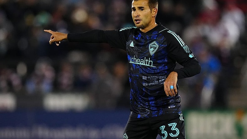 Apr 22, 2023; Commerce City, Colorado, USA; Colorado Rapids defender Steven Beitashour (33) reacts during the game at Dick's Sporting Goods Park. Mandatory Credit: Ron Chenoy-USA TODAY Sports