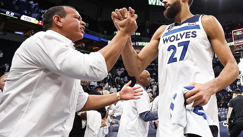 Apr 23, 2023; Minneapolis, Minnesota, USA; Minnesota Timberwolves center Rudy Gobert (27) and owner Alex Rodriguez celebrate after the win of game four of the 2023 NBA Playoffs against the Denver Nuggets at Target Center. Mandatory Credit: Matt Krohn-USA TODAY Sports
