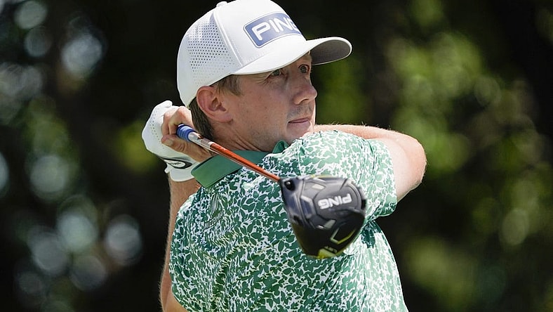 May 13, 2023; McKinney, Texas, USA; Mackenzie Hughes plays his shot from the second tee during the third round of the AT&T Byron Nelson golf tournament. Mandatory Credit: Raymond Carlin III-USA TODAY Sports