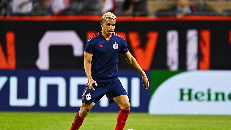 May 20, 2023; Chicago, Illinois, USA;  Chicago Fire FC defender Miguel Navarro (6) controls the ball against the Atlanta United FC at Soldier Field. Mandatory Credit: Jamie Sabau-USA TODAY Sports
