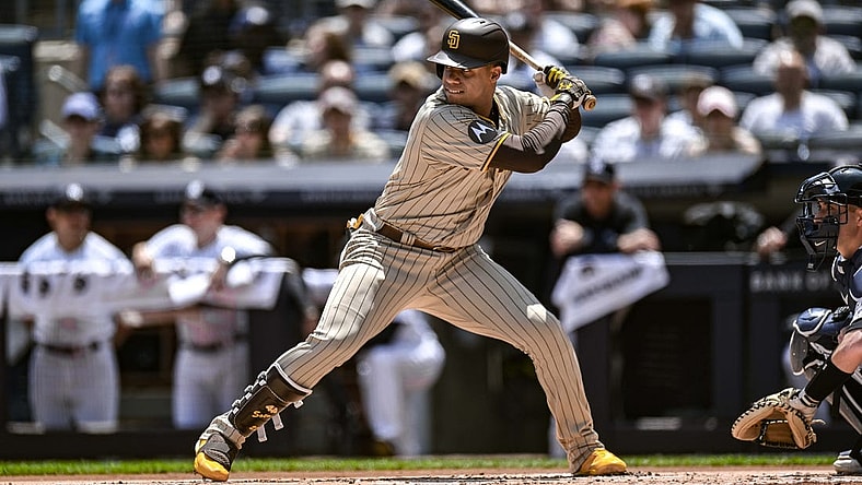 San Diego Padres left fielder Juan Soto (22) at bat against the New York Yankees at Yankee Stadium. Mandatory Credit: John Jones-USA TODAY Sports