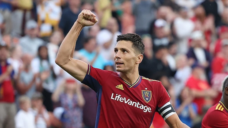 Jun 7, 2023; Sandy, UT, USA; Real Salt Lake midfielder Damir Kreilach (8) reacts to scoring a goal against the Los Angeles Galaxy in the first half at America First Field. Mandatory Credit: Rob Gray-USA TODAY Sports