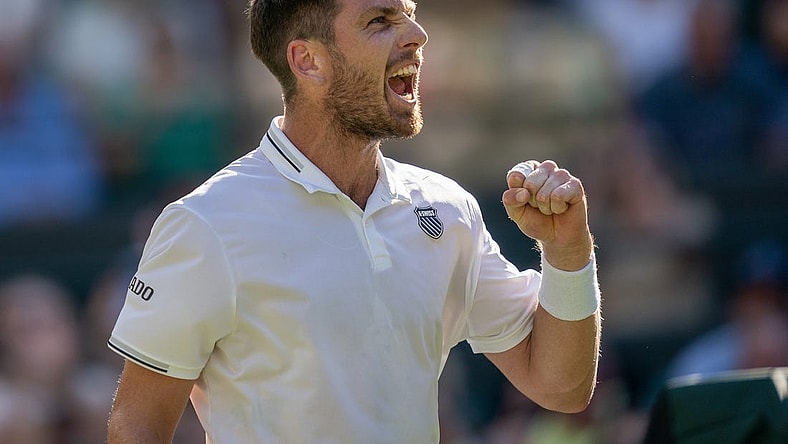 Jul 7, 2023; London, United Kingdom; Cameron Norrie (GBR) reacts to a point during his match against Christopher Eubanks (USA) on day five of Wimbledon at the All England Lawn Tennis and Croquet Club.  Mandatory Credit: Susan Mullane-USA TODAY Sports