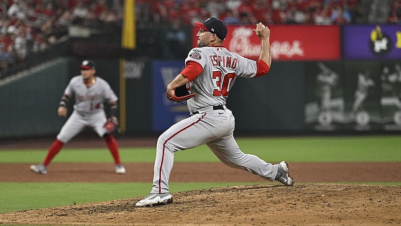 Jul 15, 2023; St. Louis, Missouri, USA; Washington Nationals relief pitcher Paolo Espino (30) throws against the St. Louis Cardinals during the sixth inning in game 2 of a double header at Busch Stadium. Mandatory Credit: Jeff Le-USA TODAY Sports