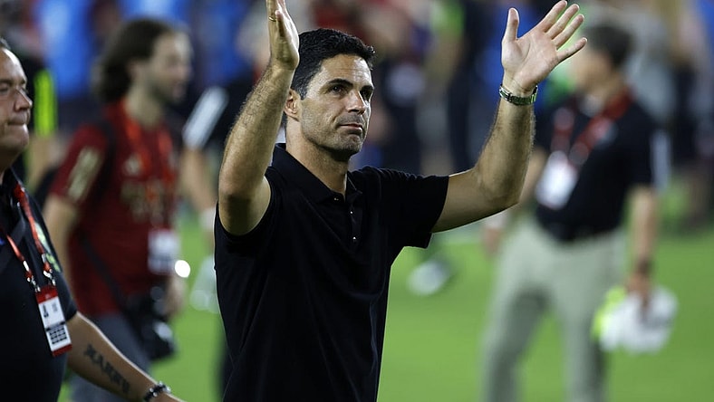 Jul 19, 2023; Washington, DC, USA; Arsenal head coach Mikel Arteta reacts after the game against MLS of the 2023 MLS All Star Game at Audi Field. Mandatory Credit: Geoff Burke-USA TODAY Sports