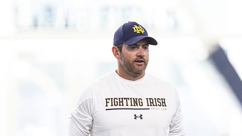 Notre Dame offensive coordinator Gerad Parker during Notre Dame Fall Camp on Wednesday, July 26, 2023, at Irish Athletics Center in South Bend, Indiana.