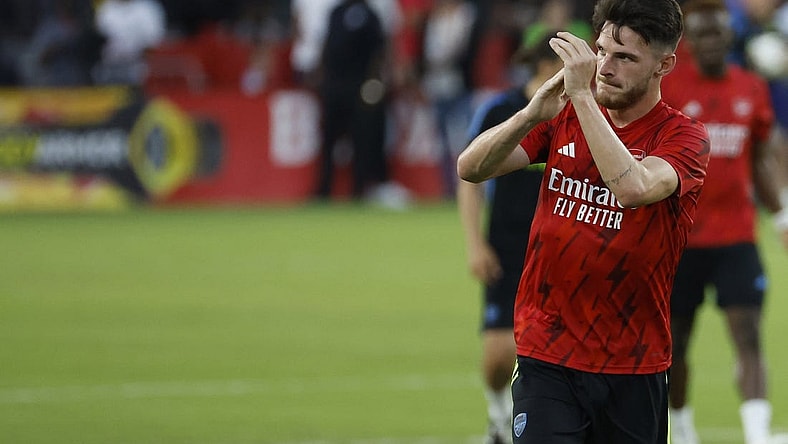 Jul 19, 2023; Washington, DC, USA; Arsenal midfielder Declan Rice (41) runs off the pitch after warmup prior to the match against MLS All-Stars in the 2023 MLS All Star Game at Audi Field. Mandatory Credit: Geoff Burke-USA TODAY Sports