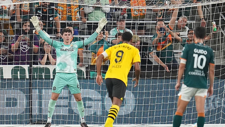 Jul 27, 2023; San Diego, California, USA; San Diego Loyal goalkeeper Duran Ferree (60) readies himself for the penalty kick by Borussia Dortmund forward Sebastien Haller (9) during the second half at Snapdragon Stadium. Mandatory Credit: Ray Acevedo-USA TODAY Sports