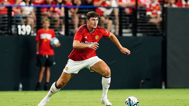 Jul 30, 2023; Las Vegas, Nevada, USA;  Manchester United defender Harry Maguire (5) moves the ball during the first half against Borussia Dortmund at Allegiant Stadium. Mandatory Credit: Lucas Peltier-USA TODAY Sports