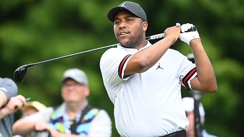 Aug 4, 2023; White Sulphur Springs, West Virginia, USA; Harold Varner III on the 9th tee during the first round of the LIV Golf event at The Old White Course. Mandatory Credit: Bob Donnan-USA TODAY Sports