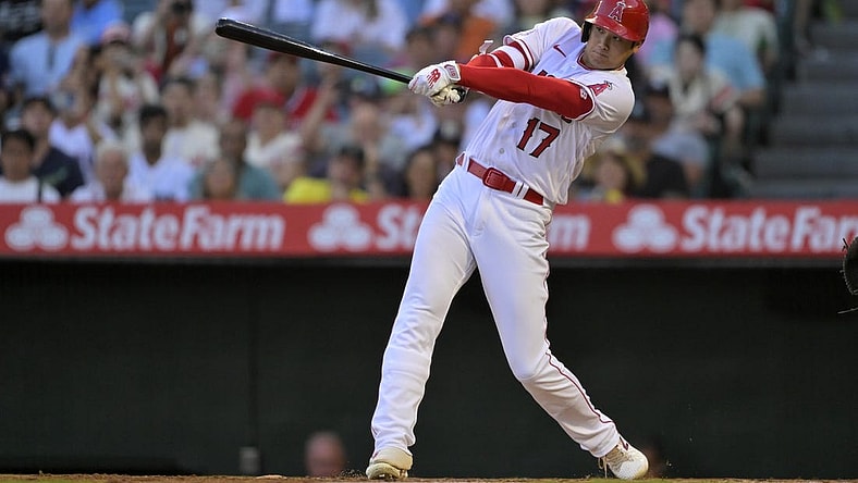 Aug 5, 2023; Anaheim, California, USA; Los Angeles Angels designated hitter Shohei Ohtani (17) lines out to right field in the fourth inning against the Seattle Mariners at Angel Stadium. Mandatory Credit: Jayne Kamin-Oncea-USA TODAY Sports