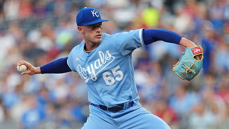 Aug 11, 2023; Kansas City, Missouri, USA; Kansas City Royals relief pitcher Dylan Coleman (65) pitches during the first inning against the St. Louis Cardinals at Kauffman Stadium. Mandatory Credit: Jay Biggerstaff-USA TODAY Sports