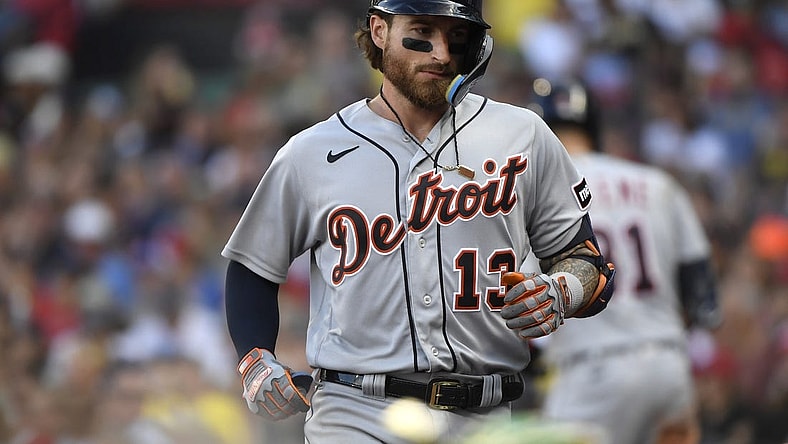 Aug 12, 2023; Boston, Massachusetts, USA;  Detroit Tigers catcher Eric Haase (13) heads to the dugout after hitting a home run against the Boston Red Sox during the fifth inning at Fenway Park. Mandatory Credit: Bob DeChiara-USA TODAY Sports