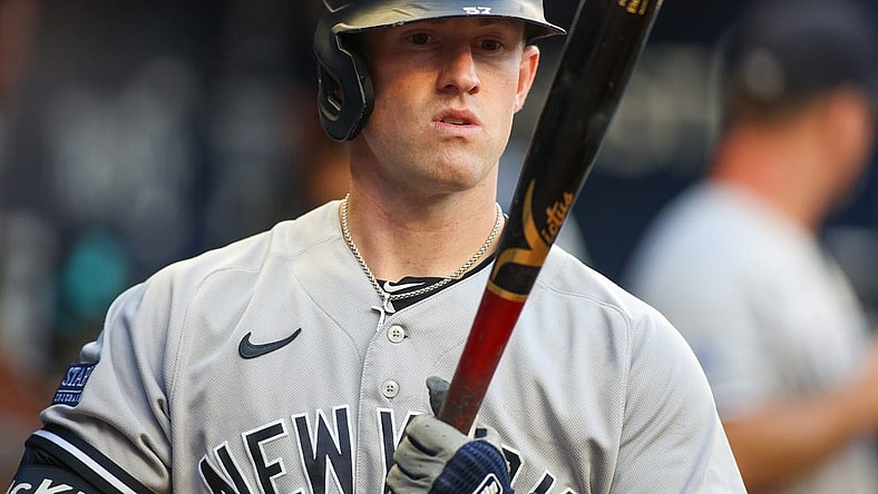 Aug 16, 2023; Atlanta, Georgia, USA; New York Yankees left fielder Billy McKinney (57) prepares for an at bat against the Atlanta Braves in the first inning at Truist Park. Mandatory Credit: Brett Davis-USA TODAY Sports