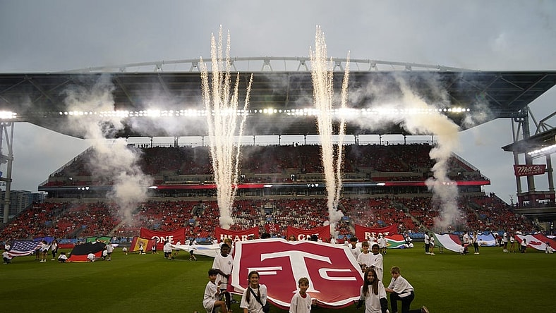 Aug 20, 2023; Toronto, Ontario, CAN; The Toronto FC logo is displayed on the pitch before their match against the CF Montreal during the first half at BMO Field. Mandatory Credit: John E. Sokolowski-USA TODAY Sports