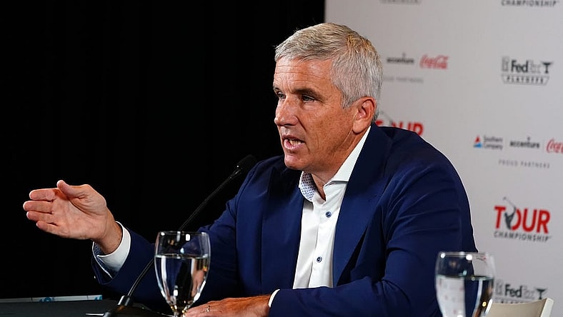 Aug 22, 2023; Atlanta, Georgia, USA; PGA Tour Commissioner Jay Monahan addresses the media during a press conference in the Clubhouse Ballroom at East Lake Golf Club prior to Thursday   s start of the TOUR Championship golf tournament. Mandatory Credit: John David Mercer-USA TODAY Sports