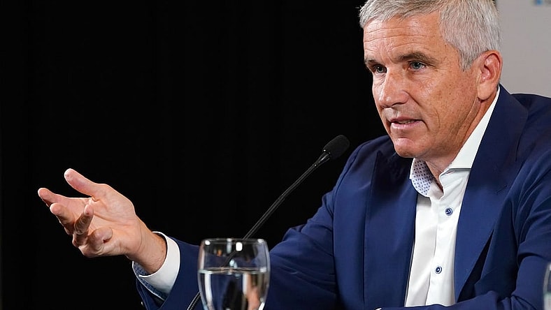 Aug 22, 2023; Atlanta, Georgia, USA; PGA Tour Commissioner Jay Monahan addresses the media during a press conference in the Clubhouse Ballroom at East Lake Golf Club prior to Thursday s start of the TOUR Championship golf tournament. Mandatory Credit: John David Mercer-USA TODAY Sports