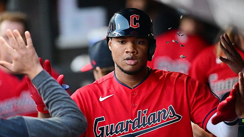 Aug 22, 2023; Cleveland, Ohio, USA; Cleveland Guardians designated hitter Oscar Gonzalez (39) celebrates after hitting a home run during the fourth inning against the Los Angeles Dodgers at Progressive Field. Mandatory Credit: Ken Blaze-USA TODAY Sports