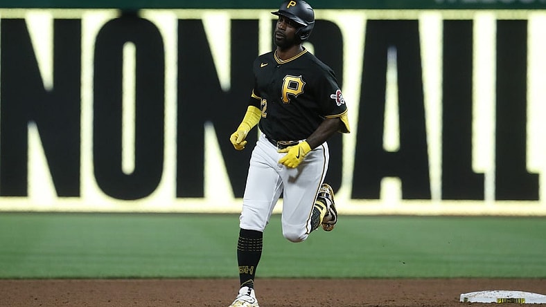 Aug 22, 2023; Pittsburgh, Pennsylvania, USA; Pittsburgh Pirates designated hitter Andrew McCutchen (22) circles the bases on a two run home run against the St. Louis Cardinals during the fifth inning at PNC Park. Mandatory Credit: Charles LeClaire-USA TODAY Sports