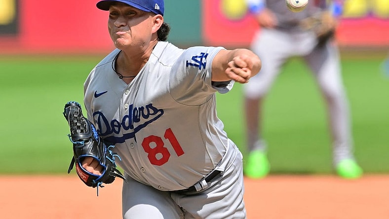 Aug 24, 2023; Cleveland, OH, USA; Los Angeles Dodgers relief pitcher Victor Gonzalez (81) throws a pitch during the third inning against the Cleveland Guardians at Progressive Field. Mandatory Credit: Ken Blaze-USA TODAY Sports