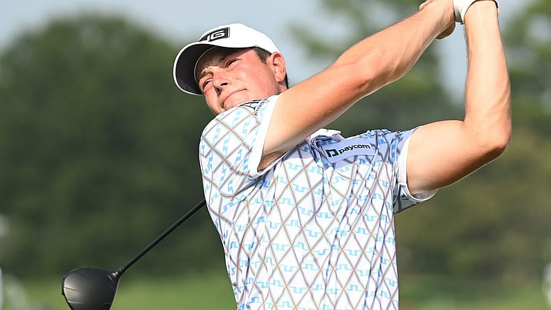 Aug 24, 2023; Atlanta, Georgia, USA; Viktor Hovland tees off on the 16th hole during the first round of the TOUR Championship golf tournament at East Lake Golf Club. Mandatory Credit: Adam Hagy-USA TODAY Sports