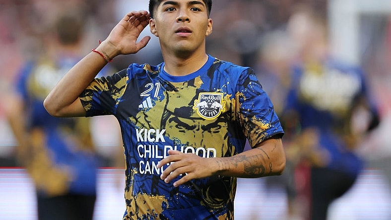 Aug 26, 2023; Harrison, New Jersey, USA; New York Red Bulls midfielder Omir Fernandez (21) warms up before the game against Inter Miami CF at Red Bull Arena. Mandatory Credit: Vincent Carchietta-USA TODAY Sports