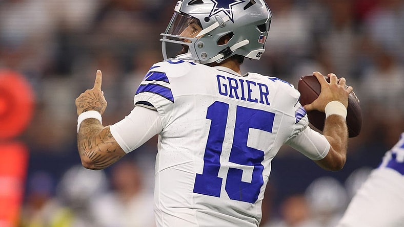 Aug 26, 2023; Arlington, Texas, USA; Dallas Cowboys quarterback Will Grier (15) throws a pass in the first quarter against the Las Vegas Raiders at AT&T Stadium. Mandatory Credit: Tim Heitman-USA TODAY Sports