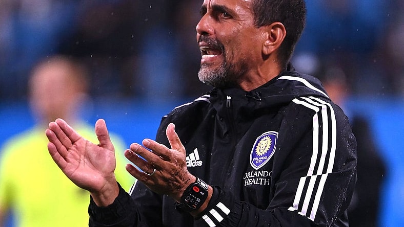 Aug 30, 2023; Charlotte, North Carolina, USA; Orlando City head coach Oscar Pareja in the first half at Bank of America Stadium. Mandatory Credit: Bob Donnan-USA TODAY Sports