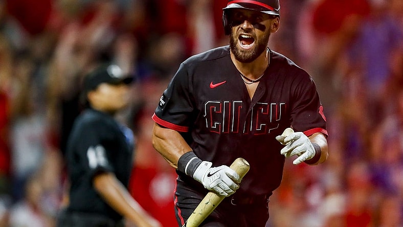 Sep 1, 2023; Cincinnati, Ohio, USA; Cincinnati Reds right fielder Hunter Renfroe (32) reacts after hitting a solo home run in the ninth inning against the Chicago Cubs at Great American Ball Park. Mandatory Credit: Katie Stratman-USA TODAY Sports
