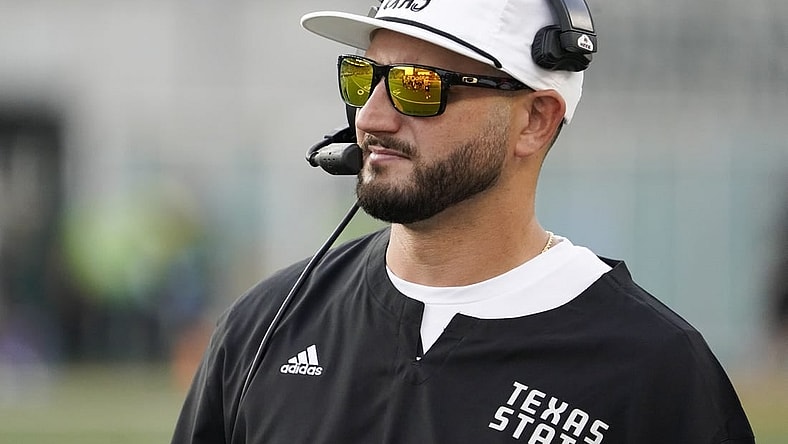 Sep 2, 2023; Waco, Texas, USA; Texas State Bobcats head coach G.J. Kinne on the sidelines during the first half against the Baylor Bears at McLane Stadium. Mandatory Credit: Raymond Carlin III-USA TODAY Sports