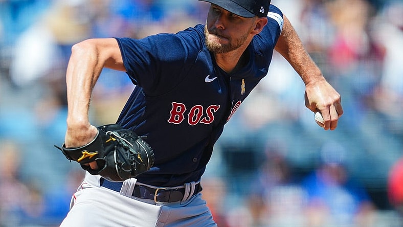 Sep 3, 2023; Kansas City, Missouri, USA; Boston Red Sox starting pitcher Chris Sale (41) pitches during the first inning against the Kansas City Royals at Kauffman Stadium. Mandatory Credit: Jay Biggerstaff-USA TODAY Sports