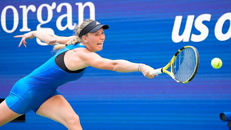 Sept 3, 2023; Flushing, NY, USA; Caroline Wozniacki of Denmark can t get toa return from Coco Gauff of the USA on day seven of the 2023 U.S. Open tennis tournament at USTA Billie Jean King National Tennis Center. Mandatory Credit: Robert Deutsch-USA TODAY Sports