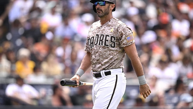 Sep 3, 2023; San Diego, California, USA; San Diego Padres first baseman Matt Carpenter (14) looks on after striking out against the San Francisco Giants during the sixth inning at Petco Park. Mandatory Credit: Orlando Ramirez-USA TODAY Sports