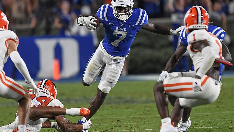 Sep 4, 2023; Durham, North Carolina, USA; Duke Blue Devils running back Jordan Waters (7) runs during the second quarter against the Clemson Tigers at Wallace Wade Stadium in Durham, N.C.  Mandatory Credit: Ken Ruinard-USA TODAY Sports