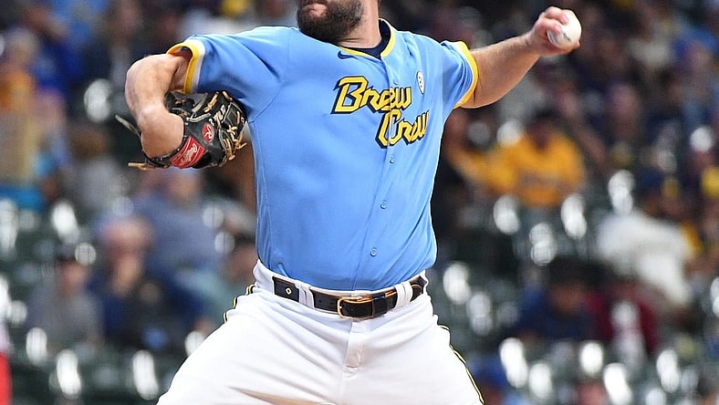 Sep 15, 2023; Milwaukee, Wisconsin, USA; Milwaukee Brewers starting pitcher Wade Miley (20) delivers a pitch against the Washington Nationals in the first inning at American Family Field. Mandatory Credit: Michael McLoone-USA TODAY Sports