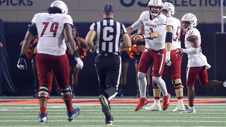 Sep 16, 2023; Stillwater, Oklahoma, USA; South Alabama Jaguars quarterback Carter Bradley (2) celebrates after a South Alabama touchdown during an NCAA football game between Oklahoma State and South Alabama at Boone Pickens Stadium. South Alabama won 33-7. Mandatory Credit: Bryan Terry-USA TODAY Sports
